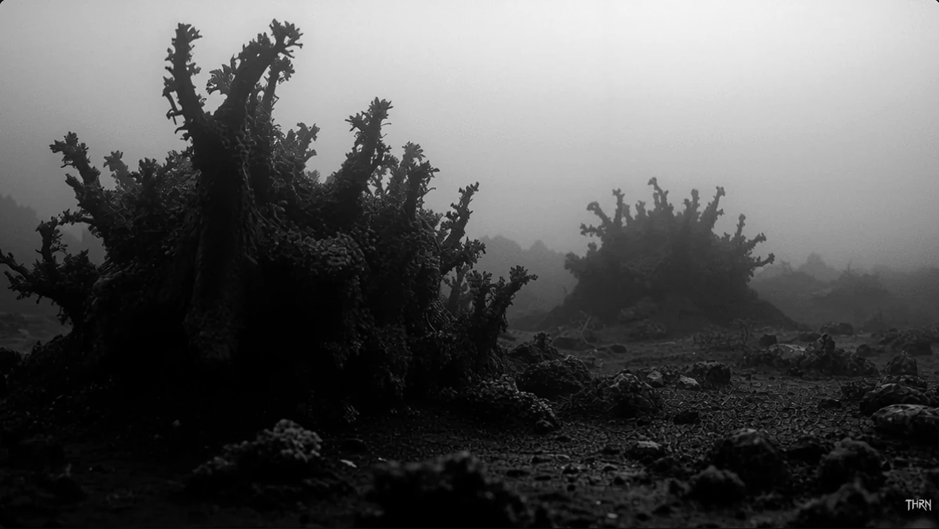 Fog-shrouded, damaged trees on volcanic ground — mood reference for THRN's visual language